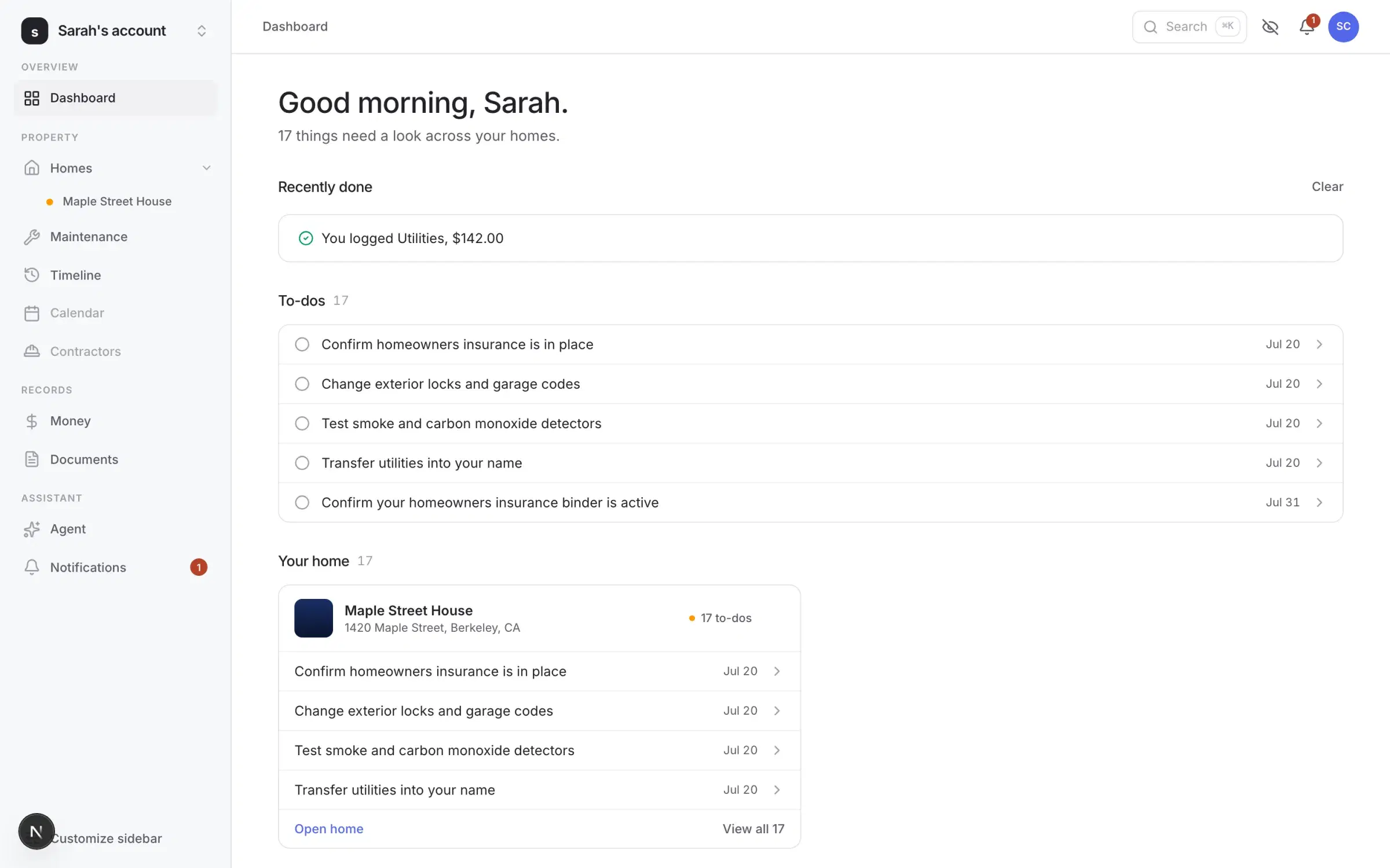 The Holm dashboard — a morning view of everything that needs a look across your home: to-dos, recent activity, and the month's money, all in one place.